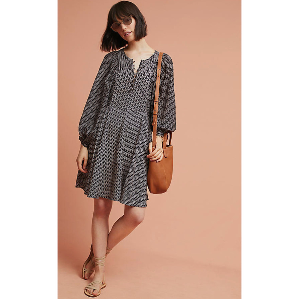 Maeve Anthropologie Nilaya Navy Printed Balloon Sleeve A Line Dress Sz M Mini